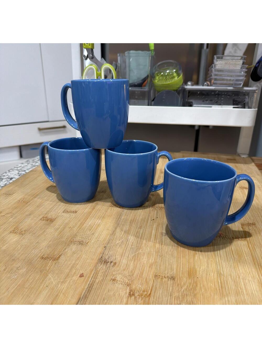 4pc Set Blue Corelle Stoneware 10oz Mug Coffee Cup Glossy Comfort Grip Thailand*
